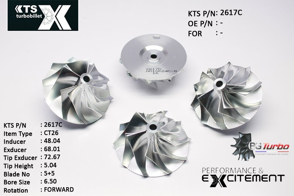 Turbo ROUE FORGÉE MFS PERFORMANCE - 5+5 PALES - INDUCER : 48,04 - EXDUCER : 68 - TYPE : CT26ANGLE : 60° - ROTATION : Forward - SUPER BACK : -1,37 - BORE SIZE : 6,5
